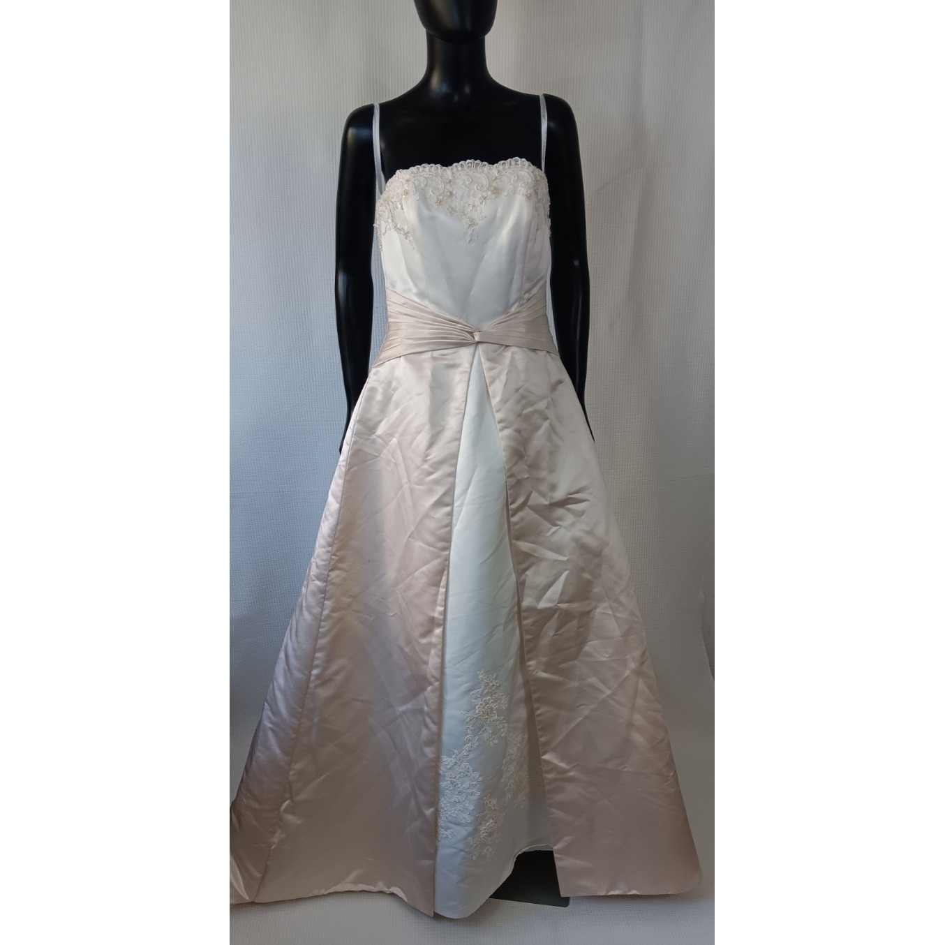 David's Bridal Strapless Beaded Champagne Satin Pleated Wedding Gown Dress 12